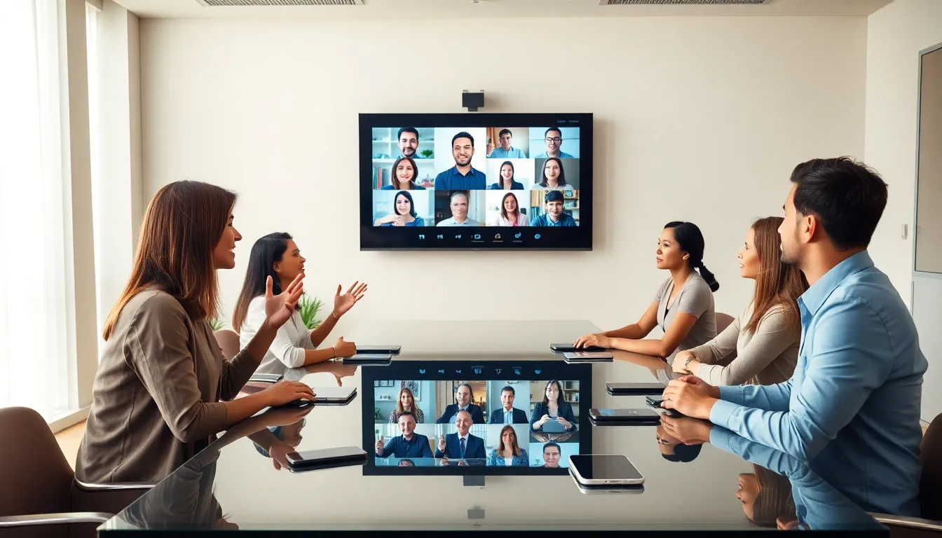 professionals engaging in a video call in a modern office setting.