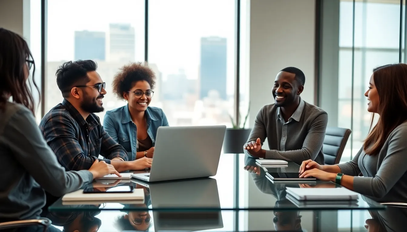 diverse professionals in a video conference in a modern office.