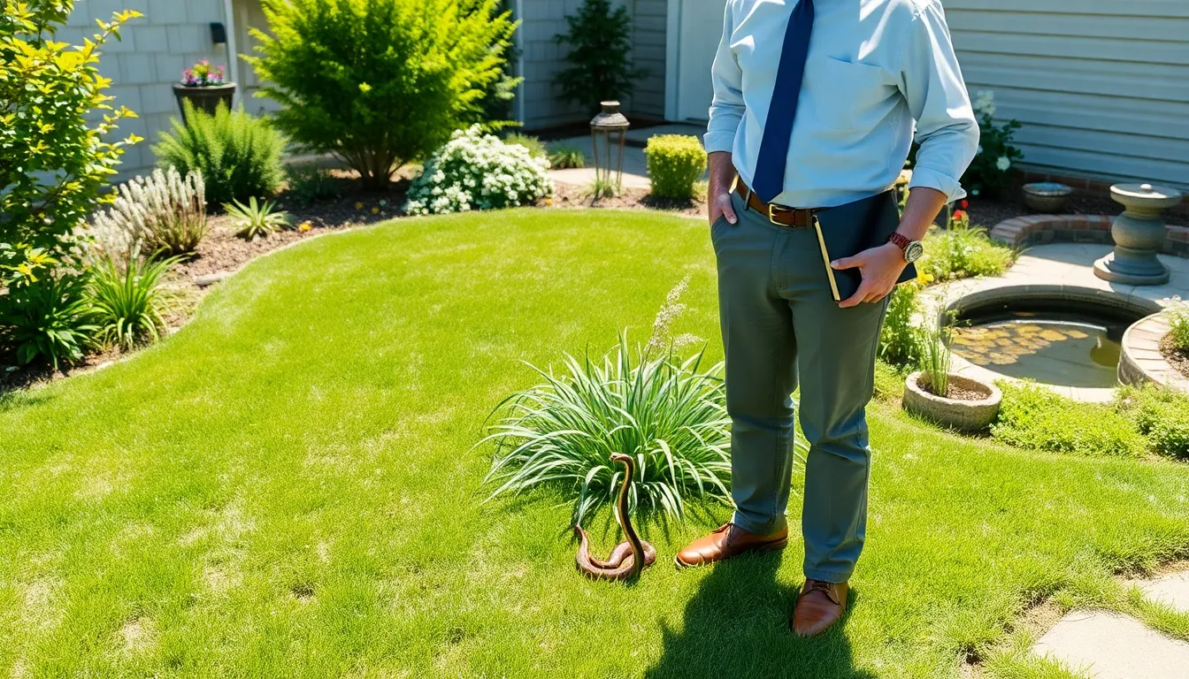 Homeowner observing a garter snake in a well-maintained garden.