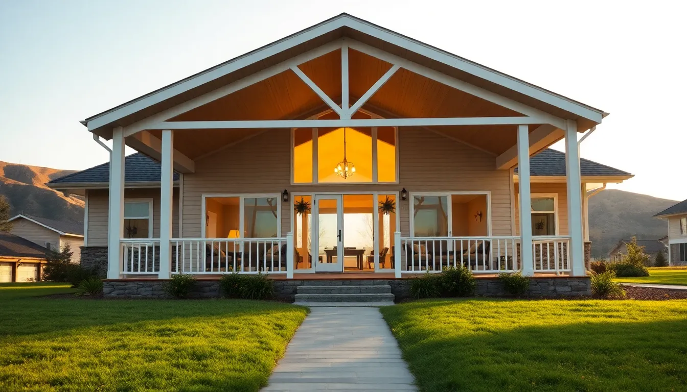 ranch style home with a wrap-around porch in a lush landscape.