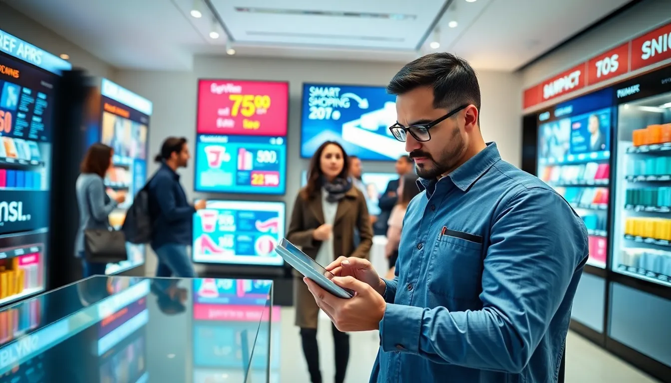 consumer using a tablet in a modern retail environment.