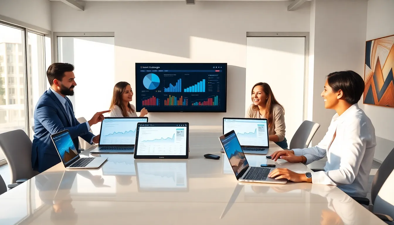 diverse team collaborating on digital marketing strategies in a modern office.